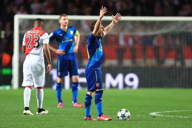 Arsenal s Santi Carzorla reacts to a refereeing decision - AS Monaco vs. Arsenal - UEFA Champion s League - Round of 16, second leg - Stade Louis II - Monaco - 17 03 2015 Pic Philip Oldham Sportimage EDITORIAL USE ONLY. No use with unauthorised audio, video, data, fixture lists, club league logos or live services. Online in-match use limited to 120 images, no video emulation. No use in betting, games or single club league player publications.
