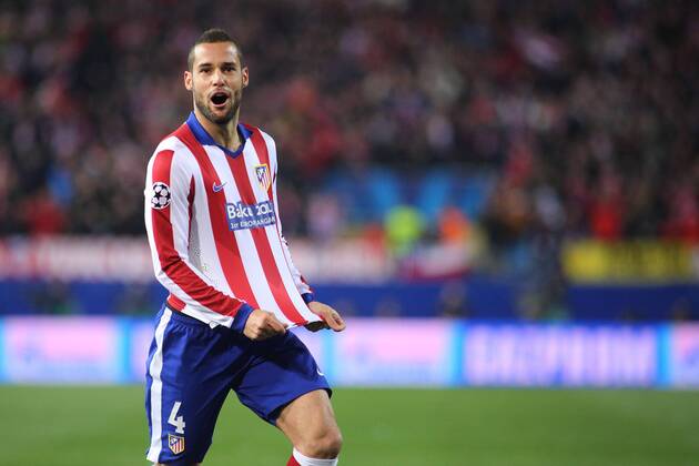 Madrid, Spain. 17th March 2015: Mario Suarez midfielder from Atletico de Madrid, celebrating after scoring during the UEFA Champions League round of 16 second leg agains Bayer 04 Leverkusen at the Vicente Calderon stadium.. 