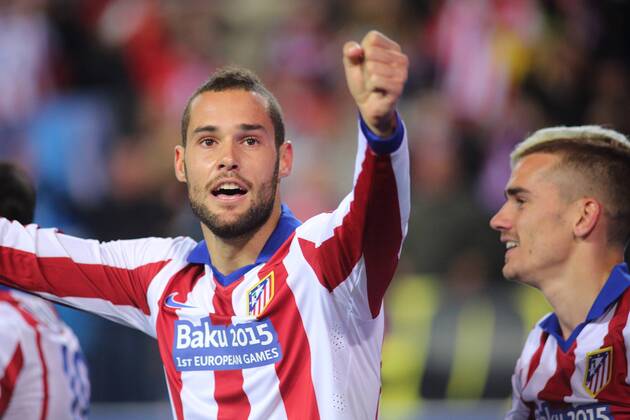 Madrid, Spain. 17th March 2015: Mario Suarez midfielder from Atletico de Madrid, celebrating after scoring during the UEFA Champions League round of 16 second leg agains Bayer 04 Leverkusen at the Vicente Calderon stadium.. 