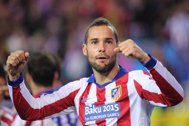 Madrid, Spain. 17th March 2015: Mario Suarez midfielder from Atletico de Madrid, celebrating after scoring during the UEFA Champions League round of 16 second leg agains Bayer 04 Leverkusen at the Vicente Calderon stadium.. 