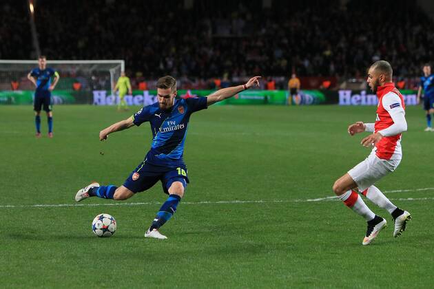 Arsenal s Aaron Ramsey scores his sides second goal - AS Monaco vs. Arsenal - UEFA Champion s League - Round of 16, second leg - Stade Louis II - Monaco - 17 03 2015 Pic Philip Oldham Sportimage EDITORIAL USE ONLY. No use with unauthorised audio, video, data, fixture lists, club league logos or live services. Online in-match use limited to 120 images, no video emulation. No use in betting, games or single club league player publications.