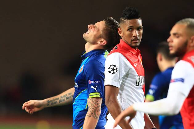 Arsenal s Olivier Giroud looks dejected - AS Monaco vs. Arsenal - UEFA Champion s League - Round of 16, second leg - Stade Louis II - Monaco - 17 03 2015 Pic Philip Oldham Sportimage EDITORIAL USE ONLY. No use with unauthorised audio, video, data, fixture lists, club league logos or live services. Online in-match use limited to 120 images, no video emulation. No use in betting, games or single club league player publications.