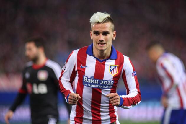 Madrid, Spain. 17th March 2015: Antoine Griezmann midfielder from Atletico de Madrid, in action during the UEFA Champions League round of 16 second leg agains Bayer 04 Leverkusen at the Vicente Calderon stadium.. 
