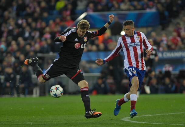 Atletico de Madrid Defender, Jose Maria Gimenez de Vargas, number 24 . Bayer 04 Leverkusen Forward, Stefan Kiessling, number 11. Round 1 8 of the CHAMPIONS league, soccer match between Atletico de Madrid - Bayer 04 Leverkusen at the Vicente Calderon estadium, Madrid - Spain by March 17, 2015. 