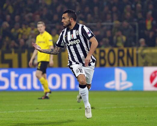 18.03.2015, xovx, Fussball UEFA Champions League, Borussia Dortmund - Juventus Turin, Jubel bei Carlos Tevez (Juventus Turin) nach dem Tor zum 0:1, Freisteller.