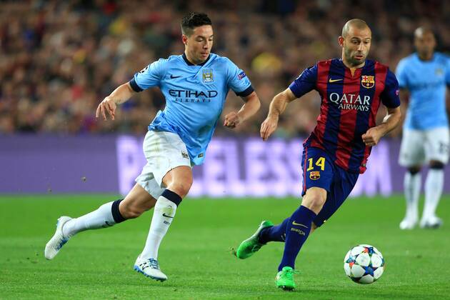 Samir Nasri of Manchester City closes down Javier Mascherano of Barcelona - Barcelona vs. Manchester City - UEFA Champion s League - Round of 16, second leg - Nou Camp - Barcelona - 18 03 2015 Pic Philip Oldham Sportimage EDITORIAL USE ONLY. No use with unauthorised audio, video, data, fixture lists, club league logos or live services. Online in-match use limited to 120 images, no video emulation. No use in betting, games or single club league player publications.