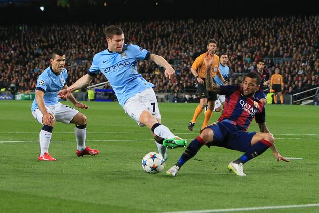 James Milner of Manchester City mis-kicks a shot on goal - Barcelona vs. Manchester City - UEFA Champion s League - Round of 16, second leg - Nou Camp - Barcelona - 18 03 2015 Pic Philip Oldham Sportimage EDITORIAL USE ONLY. No use with unauthorised audio, video, data, fixture lists, club league logos or live services. Online in-match use limited to 120 images, no video emulation. No use in betting, games or single club league player publications.