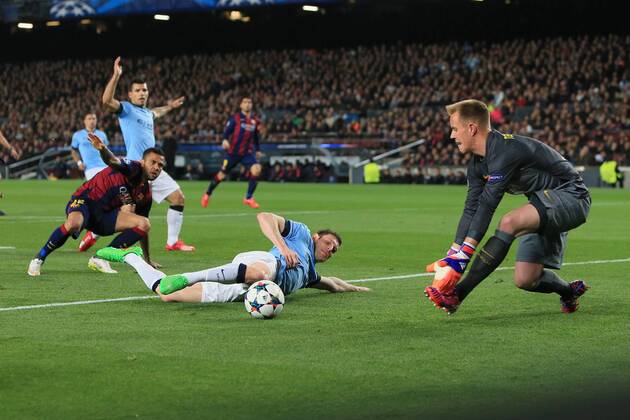 James Milner of Manchester City mis-kicks a shot on goal - Barcelona vs. Manchester City - UEFA Champion s League - Round of 16, second leg - Nou Camp - Barcelona - 18 03 2015 Pic Philip Oldham Sportimage EDITORIAL USE ONLY. No use with unauthorised audio, video, data, fixture lists, club league logos or live services. Online in-match use limited to 120 images, no video emulation. No use in betting, games or single club league player publications.