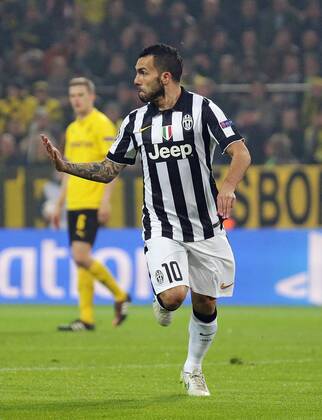 18.03.2015, xovx, Fussball UEFA Champions League, Borussia Dortmund - Juventus Turin, Jubel bei Carlos Tevez (Juventus Turin) nach dem Tor zum 0:1, Freisteller.