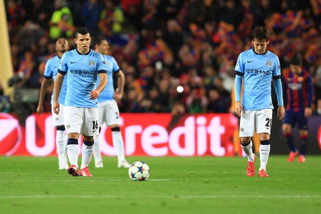 Manchester City are left dejected following the opening goal - Barcelona vs. Manchester City - UEFA Champion s League - Round of 16, second leg - Nou Camp - Barcelona - 18 03 2015 Pic Philip Oldham Sportimage EDITORIAL USE ONLY. No use with unauthorised audio, video, data, fixture lists, club league logos or live services. Online in-match use limited to 120 images, no video emulation. No use in betting, games or single club league player publications.
