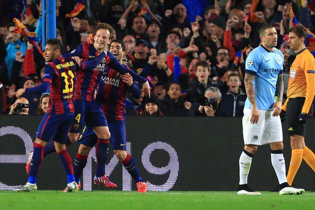 Ivan Rakitic of Barcelona celebrates his opening goal - Barcelona vs. Manchester City - UEFA Champion s League - Round of 16, second leg - Nou Camp - Barcelona - 18 03 2015 Pic Philip Oldham Sportimage EDITORIAL USE ONLY. No use with unauthorised audio, video, data, fixture lists, club league logos or live services. Online in-match use limited to 120 images, no video emulation. No use in betting, games or single club league player publications.