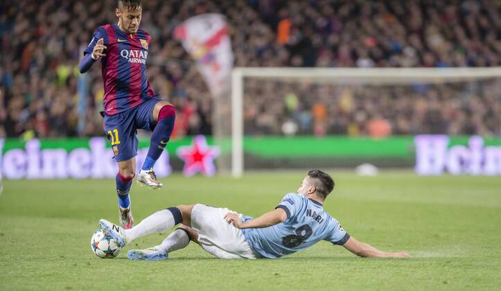 BARCELONA, SPAIN - MARCH 18: Samir Nasri of Manchester City and Neymar of FC Barcelona Barca during the UEFA Champions League round of 16 match between FC Barcelona and Manchester City at Camp Nou Stadium on March 18, 2015 in Barcelona, Spain. 