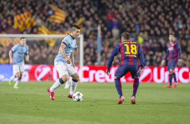 BARCELONA, SPAIN - MARCH 18: Sergio Kun Agüero of Manchester City during the UEFA Champions League round of 16 match between FC Barcelona Barca and Manchester City at Camp Nou Stadium on March 18, 2015 in Barcelona, Spain. 
