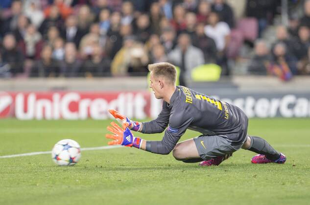 BARCELONA, SPAIN - MARCH 18: Marc-Andre ter Stegen of FC Barcelona Barca during the UEFA Champions League round of 16 match between FC Barcelona and Manchester City at Camp Nou Stadium on March 18, 2015 in Barcelona, Spain. 