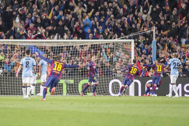 BARCELONA, SPAIN - MARCH 18: Jordi Alba of FC Barcelona Barca with his teammates of FC Barcelona celebrates after scoring their first the goal during the UEFA Champions League round of 16 match between FC Barcelona and Manchester City at Camp Nou Stadium on March 18, 2015 in Barcelona, Spain. 