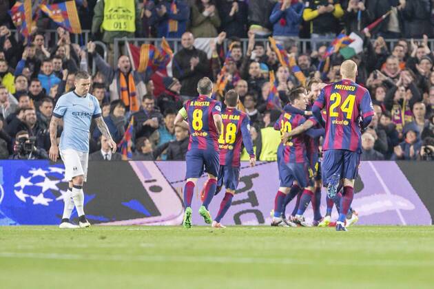 BARCELONA, SPAIN - MARCH 18: FC Barcelona Barca players celebrates scoring the goal during the UEFA Champions League round of 16 match between FC Barcelona and Manchester City at Camp Nou Stadium on March 18, 2015 in Barcelona, Spain. 