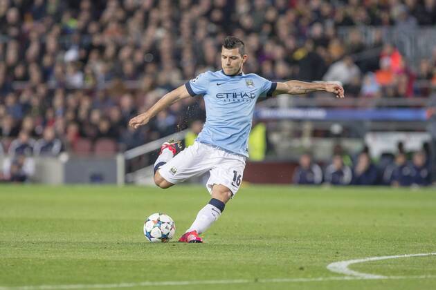 BARCELONA, SPAIN - MARCH 18: Sergio Kun Agüero of Manchester City during the UEFA Champions League round of 16 match between FC Barcelona Barca and Manchester City at Camp Nou Stadium on March 18, 2015 in Barcelona, Spain. 