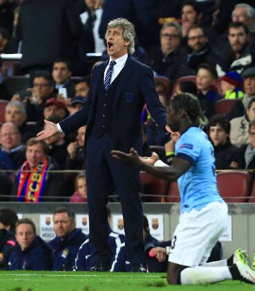 Manuel Pellegrini, manager of Manchester City reacts towards the referee - Barcelona vs. Manchester City - UEFA Champion s League - Round of 16, second leg - Nou Camp - Barcelona - 18 03 2015 Pic Philip Oldham Sportimage EDITORIAL USE ONLY. No use with unauthorised audio, video, data, fixture lists, club league logos or live services. Online in-match use limited to 120 images, no video emulation. No use in betting, games or single club league player publications.