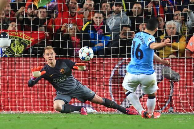 Marc-Andre ter Stegen of Barcelona saves a penalty kick from Sergio Kun Agüero of Manchester City - Barcelona vs. Manchester City - UEFA Champion s League - Round of 16, second leg - Nou Camp - Barcelona - 18 03 2015 Pic Philip Oldham Sportimage EDITORIAL USE ONLY. No use with unauthorised audio, video, data, fixture lists, club league logos or live services. Online in-match use limited to 120 images, no video emulation. No use in betting, games or single club league player publications.