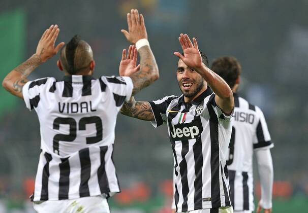 18.03.2015, Fussball Championsleague 2014 2015, Achtelfinale , Borussia Dortmund - Juventus Turin, im Signal-Iduna-Park-Stadion Dortmund. Jubel v.l. Arturo Vidal (Juventus Turin) und Carlos Tevez (Juventus Turin) zum Tor zum 0:2 