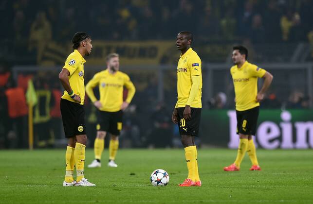 FUSSBALL CHAMPIONS LEAGUE SAISON 2014 2015 ACHTELFINAL RUECKSPIEL Borussia Dortmund - Juventus Turin 18.03.2015 Pierre-Emerick Aubameyang und Adrian Ramos (v.l., beide Borussia Dortmund) sind nach dem 0:2 enttaeuscht 