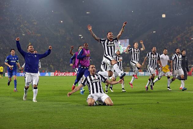 18.03.2015, xovx, Fussball UEFA Champions League, Borussia Dortmund - Juventus Turin, Die Spieler von Juventus Turin bejubelt ubeln den 3:0 Sieg in Dortmund, Freisteller.