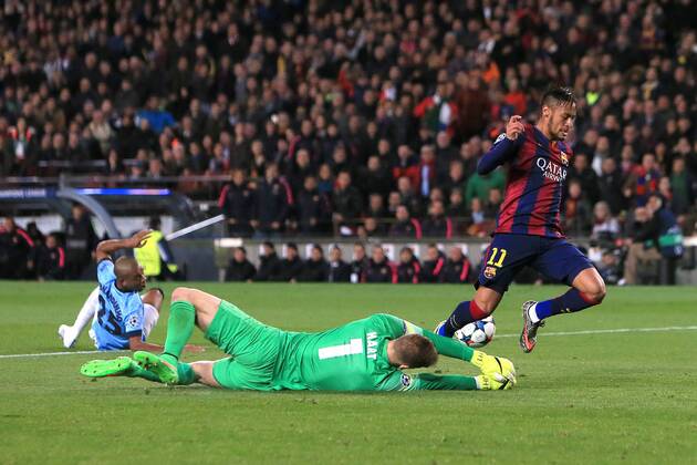 Joe Hart of Manchester City makes a save at the feet of Neymar of Barcelona - Barcelona vs. Manchester City - UEFA Champion s League - Round of 16, second leg - Nou Camp - Barcelona - 18 03 2015 Pic Philip Oldham Sportimage EDITORIAL USE ONLY. No use with unauthorised audio, video, data, fixture lists, club league logos or live services. Online in-match use limited to 120 images, no video emulation. No use in betting, games or single club league player publications.