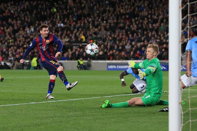 Joe Hart of Manchester City makes a save from a shot by Lionel Messi of Barcelona - Barcelona vs. Manchester City - UEFA Champion s League - Round of 16, second leg - Nou Camp - Barcelona - 18 03 2015 Pic Philip Oldham Sportimage EDITORIAL USE ONLY. No use with unauthorised audio, video, data, fixture lists, club league logos or live services. Online in-match use limited to 120 images, no video emulation. No use in betting, games or single club league player publications.