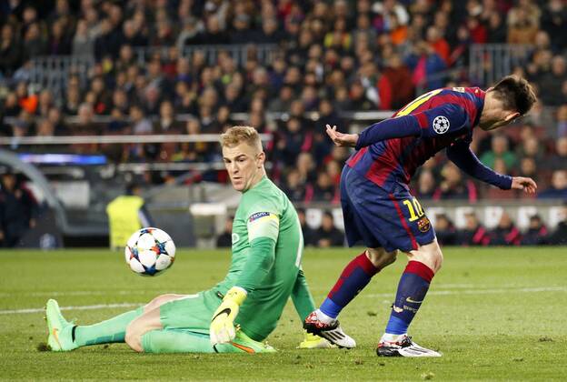 March 18, 2015 - Barcelona, Catalonia, spain - BARCELONA, SPAIN - MARCH 18: Leo Messi and Joe Hart during the UEFA Champions League round of 16 match between FC Barcelona Barca and Manchester City at Camp Nou Stadium on March 18, 2015 in Barcelona, Spain. (Photo by Joan Valls UrbanandSport NurPhoto) Barcelona and Manchester City  - ZUMAn230
