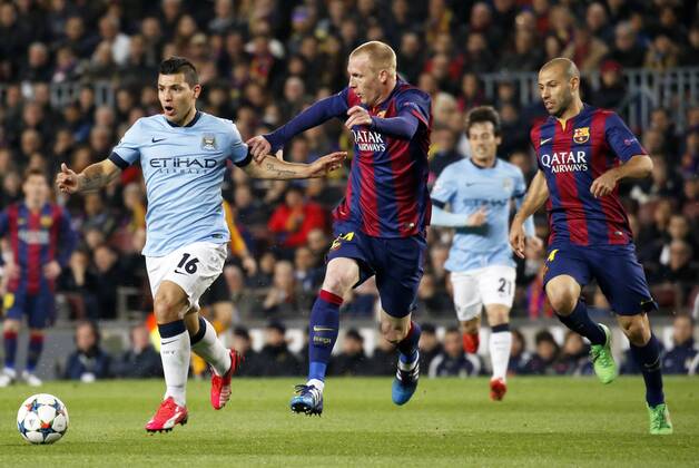 March 18, 2015 - Barcelona, Catalonia, spain - BARCELONA, SPAIN - MARCH 18: Sergio Aguero, Jeremy Mathieu and Javier Mascherano during the UEFA Champions League round of 16 match between FC Barcelona Barca and Manchester City at Camp Nou Stadium on March 18, 2015 in Barcelona, Spain. (Photo by Joan Valls UrbanandSport NurPhoto) Barcelona and Manchester City  - ZUMAn230