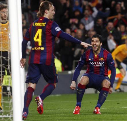 Second leg match of the 1 8 Champions League match played between FC Barcelona and Manchester City. In this picture, Ivan Rakitic and Luis Suarez. xFRANCESCxADELANTADOx 