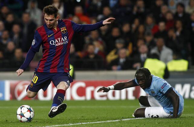 Second leg match of the 1 8 Champions League match played between FC Barcelona and Manchester City. In this picture, Lionel Messi and Bacary Sagna. xFRANCESCxADELANTADOx 