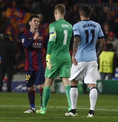 Second leg match of the 1 8 Champions League match played between FC Barcelona and Manchester City. In this picture, Lionel Messi, Joe Hart and Aleksandar Kolarov. xFRANCESCxADELANTADOx 