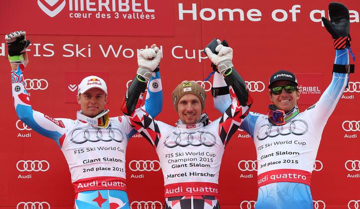 ALPINE SKIING - FIS WC Meribel MERIBEL,FRANCE,21.MAR.15 - ALPINE SKIING - FIS World Cup Final, giant slalom, men, award ceremony for the Giant Slalom World Cup. Image shows Alexis Pinturault (FRA), Marcel Hirscher (AUT) and Ted Ligety (USA).
