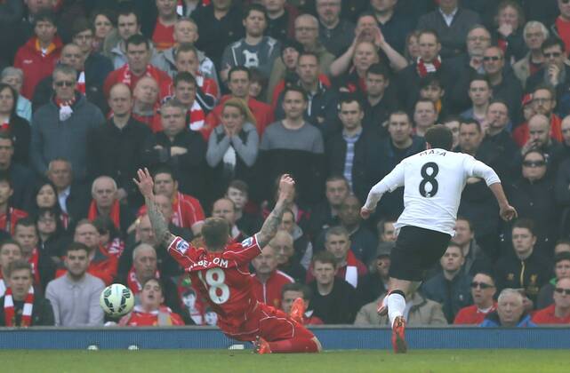 Juan Mata of Manchester United ManU scores the first goal - Barclays Premier League - Liverpool vs Manchester Utd - Anfield Stadium - Liverpool - England - 22nd March 2015 - Picture Simon Bellis Sportimage EDITORIAL USE ONLY. No use with unauthorised audio, video, data, fixture lists, club league logos or live services. Online in-match use limited to 120 images, no video emulation. No use in betting, games or single club league player publications.
