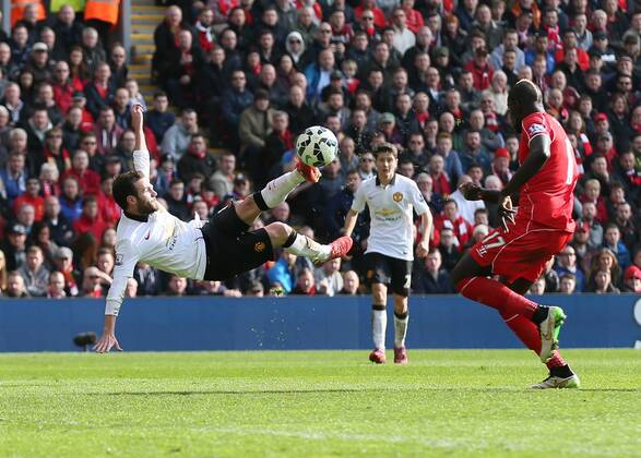Juan Mata of Manchester United ManU scores the second goal - Barclays Premier League - Liverpool vs Manchester Utd - Anfield Stadium - Liverpool - England - 22nd March 2015 - Picture Simon Bellis Sportimage EDITORIAL USE ONLY. No use with unauthorised audio, video, data, fixture lists, club league logos or live services. Online in-match use limited to 120 images, no video emulation. No use in betting, games or single club league player publications.