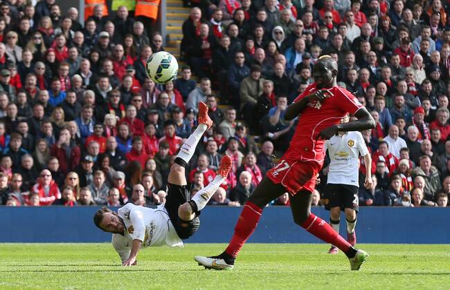 Juan Mata of Manchester United ManU scores the second goal - Barclays Premier League - Liverpool vs Manchester Utd - Anfield Stadium - Liverpool - England - 22nd March 2015 - Picture Simon Bellis Sportimage EDITORIAL USE ONLY. No use with unauthorised audio, video, data, fixture lists, club league logos or live services. Online in-match use limited to 120 images, no video emulation. No use in betting, games or single club league player publications.