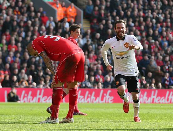 Juan Mata of Manchester United ManU celebrates his spectacular second goal - Barclays Premier League - Liverpool vs Manchester Utd - Anfield Stadium - Liverpool - England - 22nd March 2015 - Picture Simon Bellis Sportimage EDITORIAL USE ONLY. No use with unauthorised audio, video, data, fixture lists, club league logos or live services. Online in-match use limited to 120 images, no video emulation. No use in betting, games or single club league player publications.
