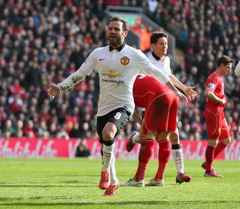 Juan Mata of Manchester United ManU celebrates his spectacular second goal - Barclays Premier League - Liverpool vs Manchester Utd - Anfield Stadium - Liverpool - England - 22nd March 2015 - Picture Simon Bellis Sportimage EDITORIAL USE ONLY. No use with unauthorised audio, video, data, fixture lists, club league logos or live services. Online in-match use limited to 120 images, no video emulation. No use in betting, games or single club league player publications.