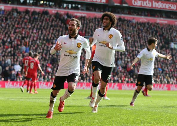 Juan Mata of Manchester United ManU celebrates his spectacular second goal - Barclays Premier League - Liverpool vs Manchester Utd - Anfield Stadium - Liverpool - England - 22nd March 2015 - Picture Simon Bellis Sportimage EDITORIAL USE ONLY. No use with unauthorised audio, video, data, fixture lists, club league logos or live services. Online in-match use limited to 120 images, no video emulation. No use in betting, games or single club league player publications.