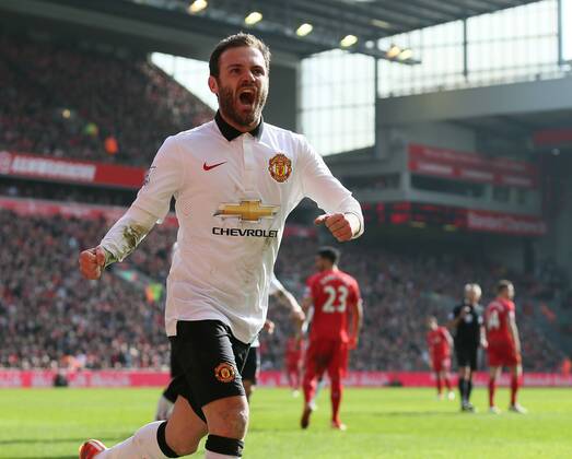 Juan Mata of Manchester United ManU celebrates his spectacular second goal - Barclays Premier League - Liverpool vs Manchester Utd - Anfield Stadium - Liverpool - England - 22nd March 2015 - Picture Simon Bellis Sportimage EDITORIAL USE ONLY. No use with unauthorised audio, video, data, fixture lists, club league logos or live services. Online in-match use limited to 120 images, no video emulation. No use in betting, games or single club league player publications.