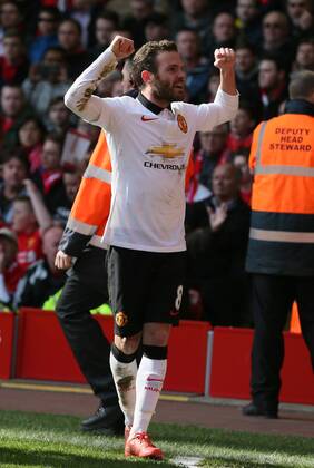 Juan Mata of Manchester United ManU celebrates his spectacular second goal - Barclays Premier League - Liverpool vs Manchester Utd - Anfield Stadium - Liverpool - England - 22nd March 2015 - Picture Simon Bellis Sportimage EDITORIAL USE ONLY. No use with unauthorised audio, video, data, fixture lists, club league logos or live services. Online in-match use limited to 120 images, no video emulation. No use in betting, games or single club league player publications.