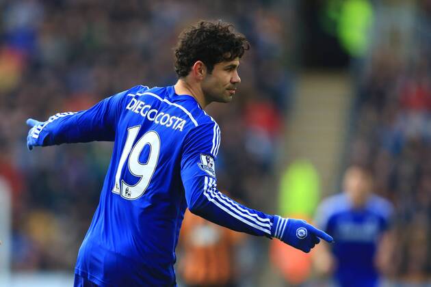 Diego Costa of Chelsea celebrates scoring his sides second goal - Hull City vs. Chelsea - Barclay s Premier League - KC Stadium - Hull - 22 03 2015 Pic Philip Oldham Sportimage EDITORIAL USE ONLY. No use with unauthorised audio, video, data, fixture lists, club league logos or live services. Online in-match use limited to 120 images, no video emulation. No use in betting, games or single club league player publications.