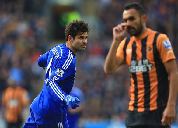 Diego Costa of Chelsea celebrates scoring his sides second goal - Hull City vs. Chelsea - Barclay s Premier League - KC Stadium - Hull - 22 03 2015 Pic Philip Oldham Sportimage EDITORIAL USE ONLY. No use with unauthorised audio, video, data, fixture lists, club league logos or live services. Online in-match use limited to 120 images, no video emulation. No use in betting, games or single club league player publications.
