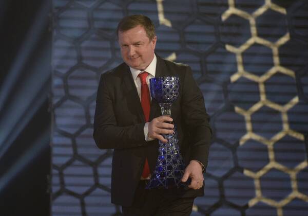Pavel Vrba, coach of Czech national soccer team, poses with award for the Coach of the Year during the Czech Footballer of the Year for 2014 ceremony, organised by the Czech Football Association (FACR) in Prague, Czech Republic, March 29, 2015. (CTKxPhoto MichalxKrumphanzl) CTKPhotoP201503290479401  _KRU6219