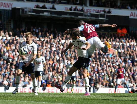 Aston Villa s Christian Benteke scoring his sides opening goal Barclays Premier League- Tottenham Hotspur vs Aston Villa - White Hart Lane - England - 11th April 2015 - Picture David Klein Sportimage EDITORIAL USE ONLY. No use with unauthorised audio, video, data, fixture lists, club league logos or live services. Online in-match use limited to 120 images, no video emulation. No use in betting, games or single club league player publications.