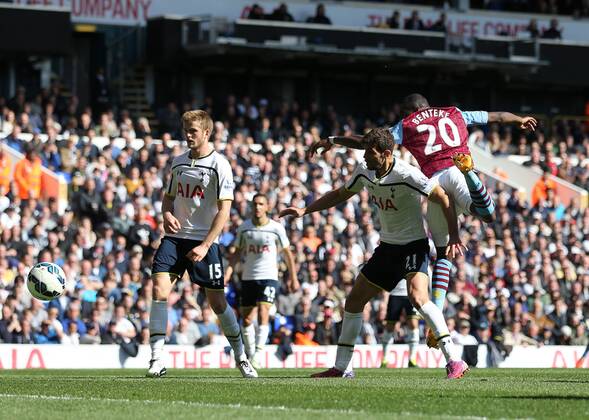 Aston Villa s Christian Benteke scoring his sides opening goal Barclays Premier League- Tottenham Hotspur vs Aston Villa - White Hart Lane - England - 11th April 2015 - Picture David Klein Sportimage EDITORIAL USE ONLY. No use with unauthorised audio, video, data, fixture lists, club league logos or live services. Online in-match use limited to 120 images, no video emulation. No use in betting, games or single club league player publications.