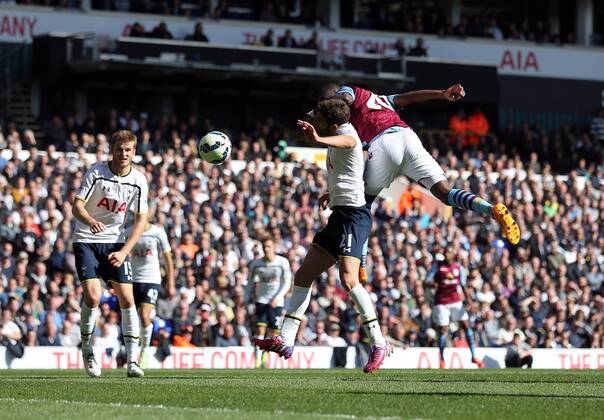 Aston Villa s Christian Benteke scoring his sides opening goal Barclays Premier League- Tottenham Hotspur vs Aston Villa - White Hart Lane - England - 11th April 2015 - Picture David Klein Sportimage EDITORIAL USE ONLY. No use with unauthorised audio, video, data, fixture lists, club league logos or live services. Online in-match use limited to 120 images, no video emulation. No use in betting, games or single club league player publications.