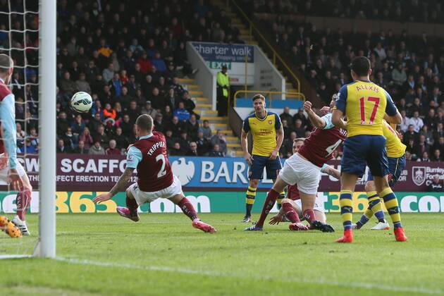 Arsenal s Aaron Ramsey scores the opening goal - Burnley vs. Arsenal - Barclay s Premier League - Turf Moor - Burnley - 11 04 2015 Pic Philip Oldham Sportimage EDITORIAL USE ONLY. No use with unauthorised audio, video, data, fixture lists, club league logos or live services. Online in-match use limited to 120 images, no video emulation. No use in betting, games or single club league player publications.