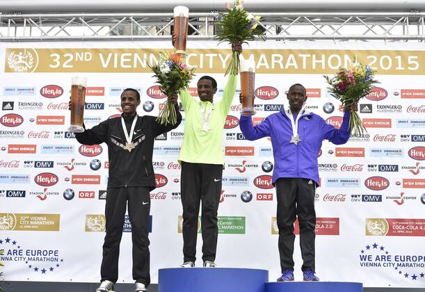 ATHLETICS - VCM 2015 VIENNA,AUSTRIA,12.APR.15 - ATHLETICS, RUNNING - Vienna City Marathon. Image shows Siraj Gena, Sisay Lemma (ETH) and Duncan Koech (KEN). GEPAxpictures xM.xHoermandinger 
